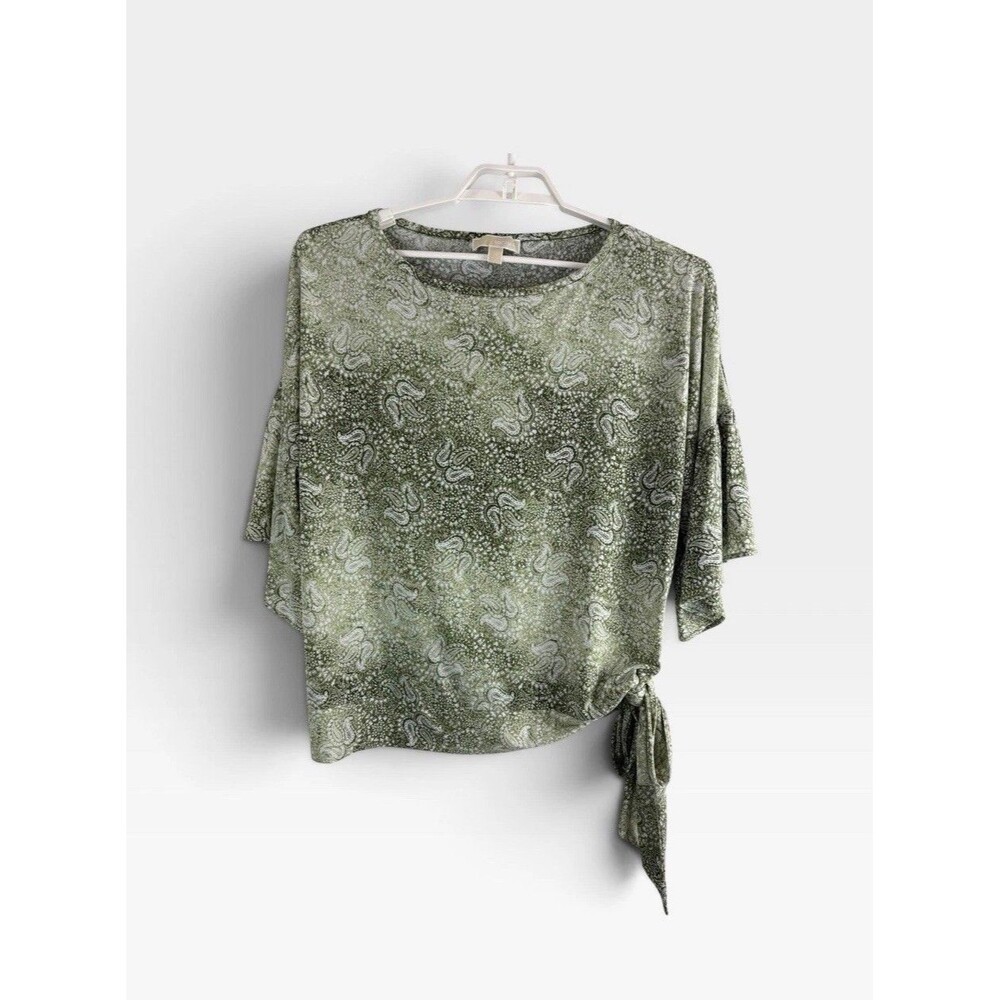 Michael Kors Womens Shirt Size 2XL Green Paisley Relaxed Side Tie Short Sleeve